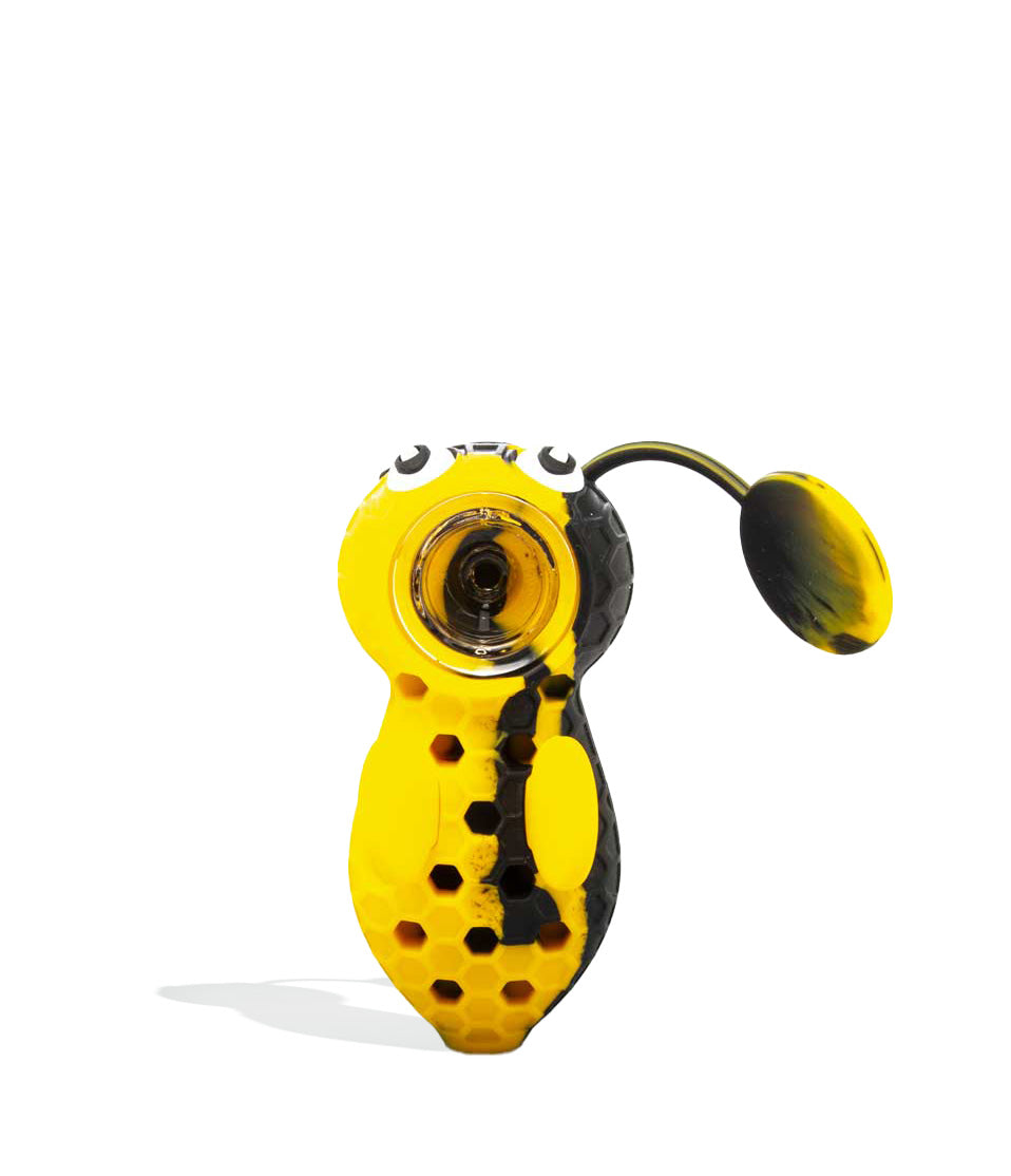 Black/Yellow Bee Designed Silicone Hand Pipe with Glass Screen on white background