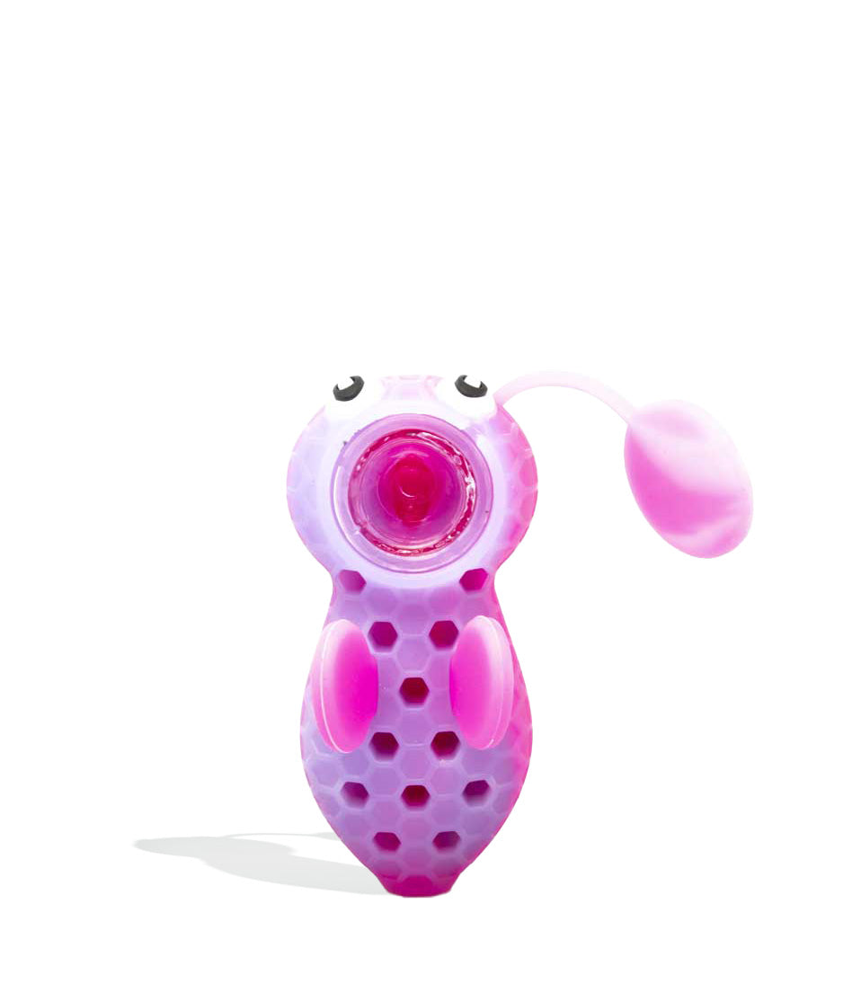 Pink/Purple Bee Designed Silicone Hand Pipe with Glass Screen on white background