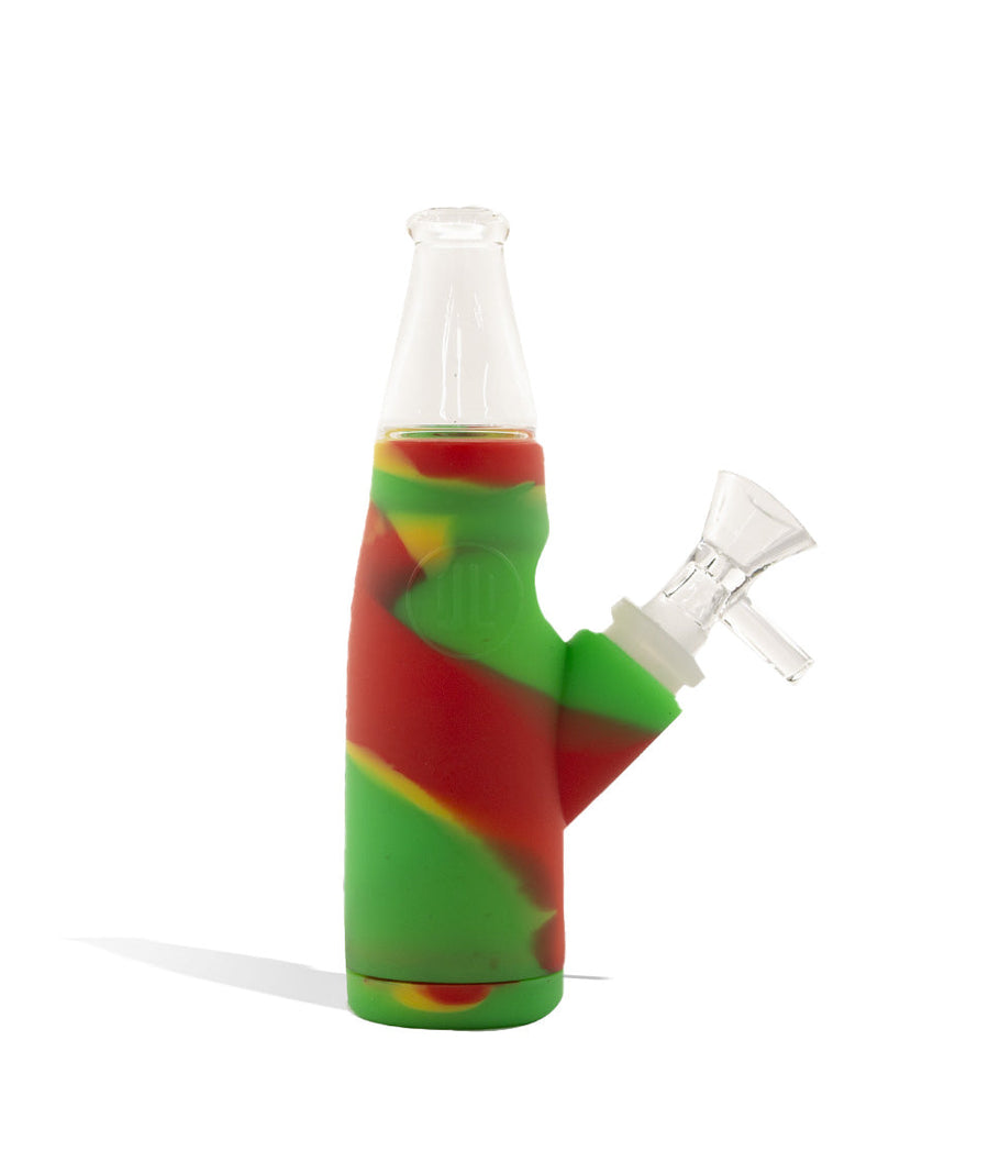 Green/Red/Yellow Bottle Shaped Silicone Waterpipe on white background