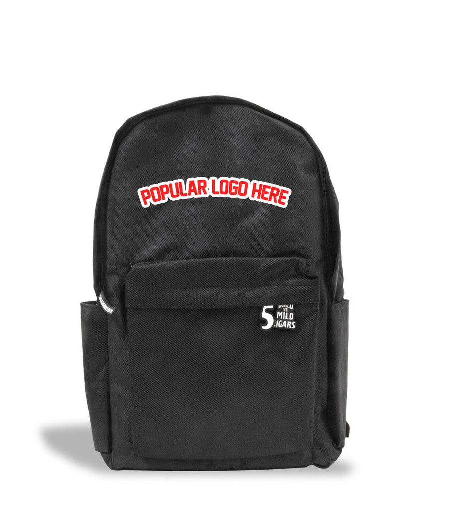 Black popular logo here backpack on white studio background facing front