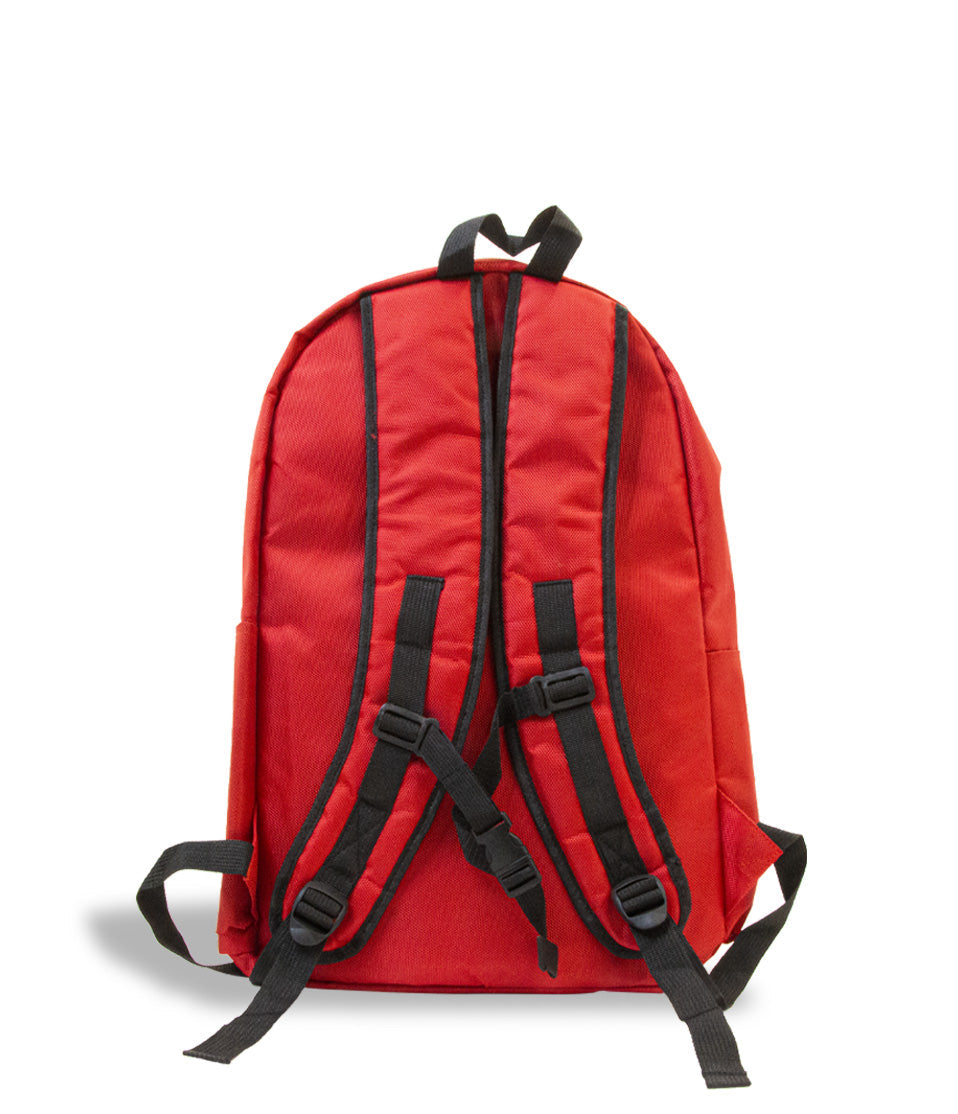 red popular logo here backpack on white studio background facing back