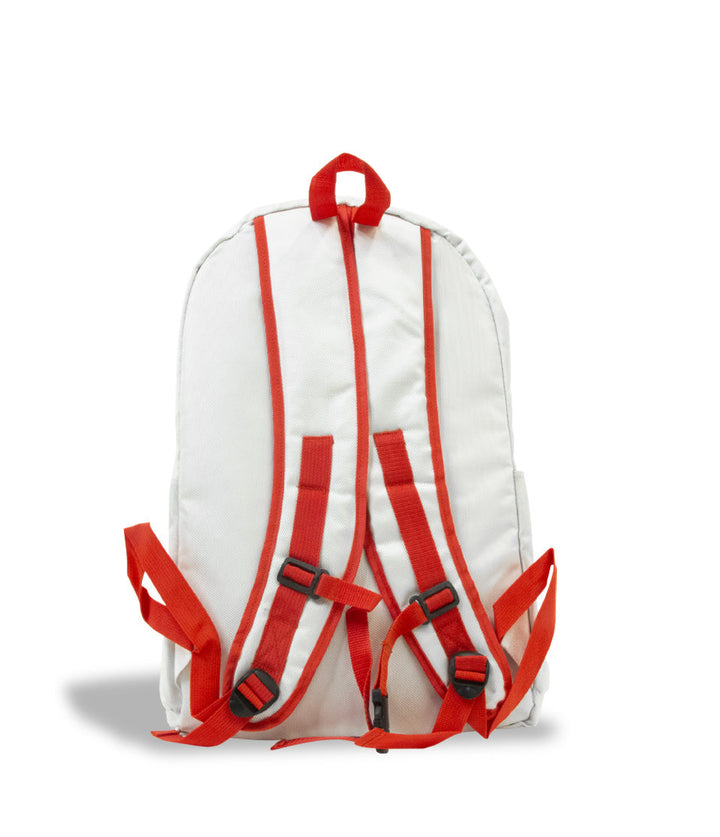 white popular logo here backpack on white studio background facing back