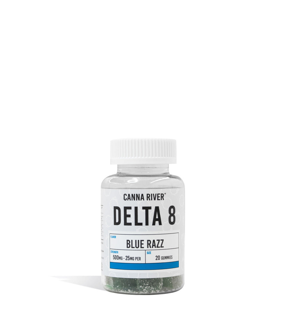 Blue Razz Canna River 25mg D8 Gummies on white background