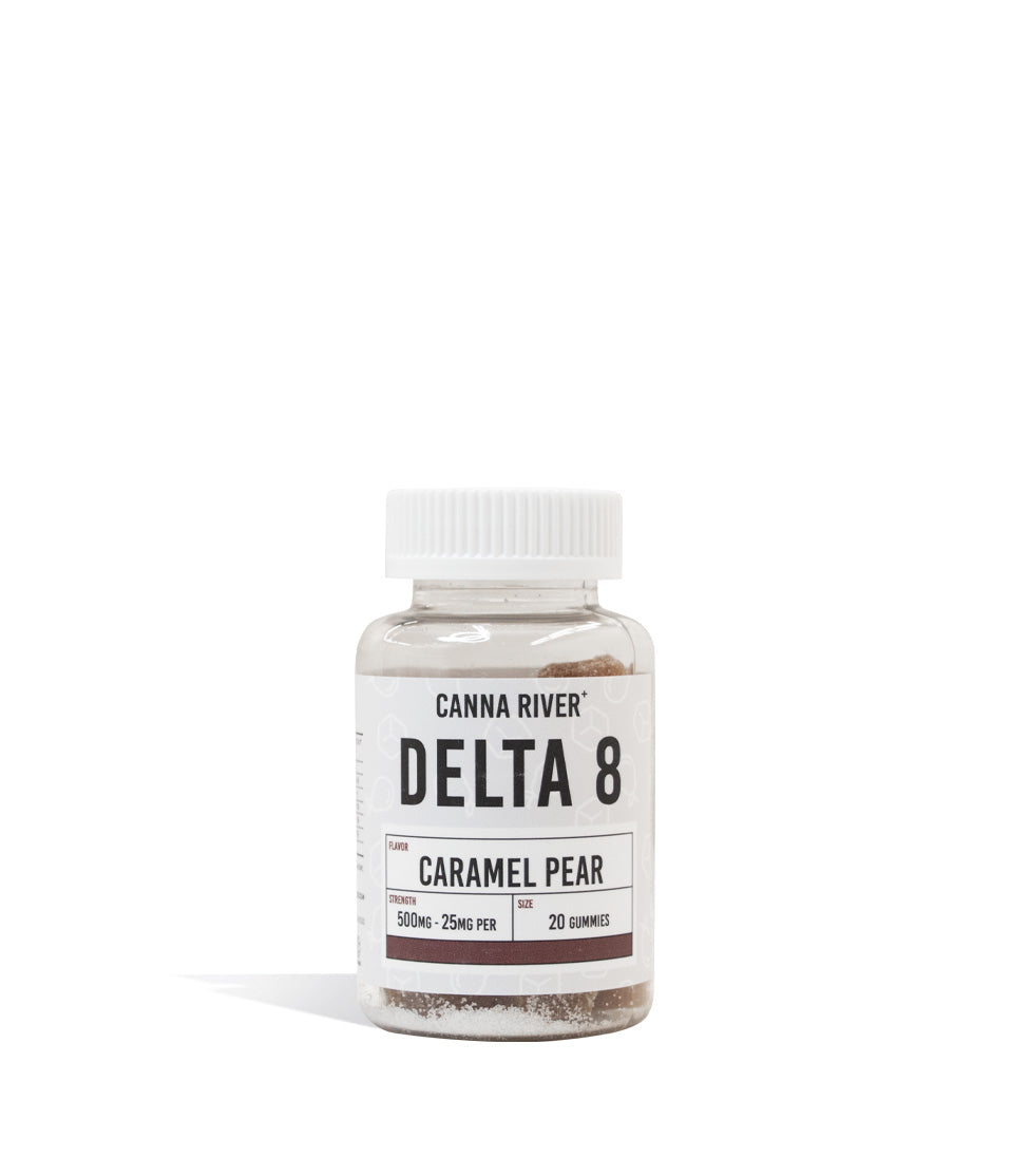 Caramel Pear Canna River 25mg D8 Gummies on white background
