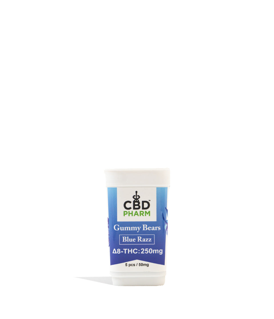 Blue Razz CBD Pharm 250mg D8 Gummies on white background