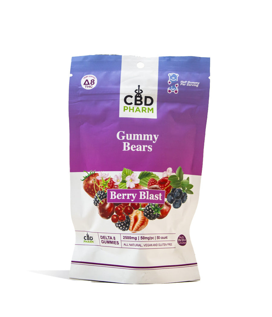 Berry Blast CBD Pharm 2500mg D8 Gummies on white studio background