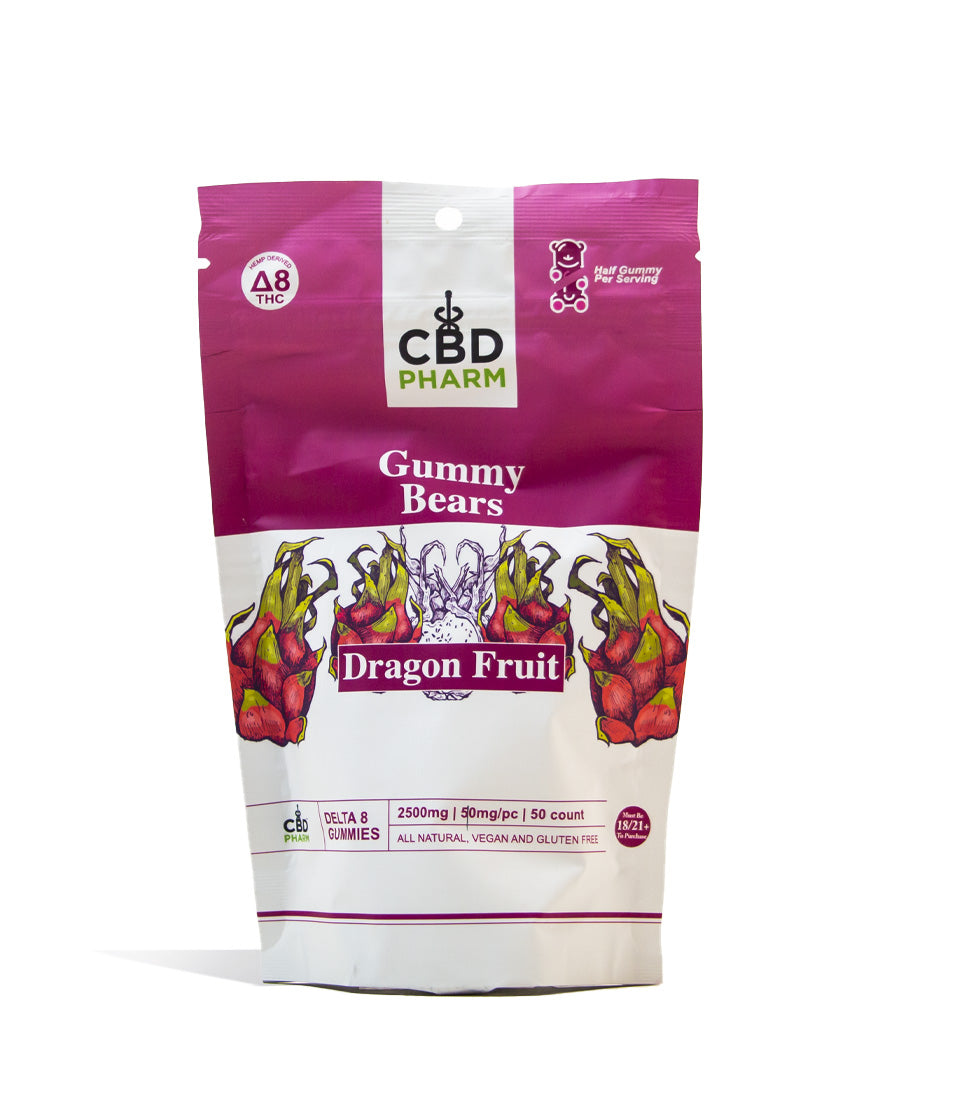 Dragon Fruit CBD Pharm 2500mg D8 Gummies on white studio background