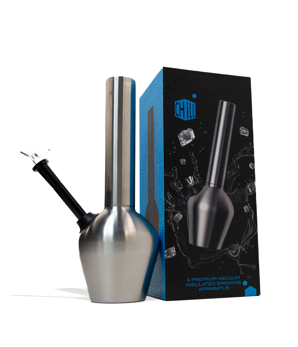 Silver with box Chill Vacuum Insulated Waterpipe on white studio background