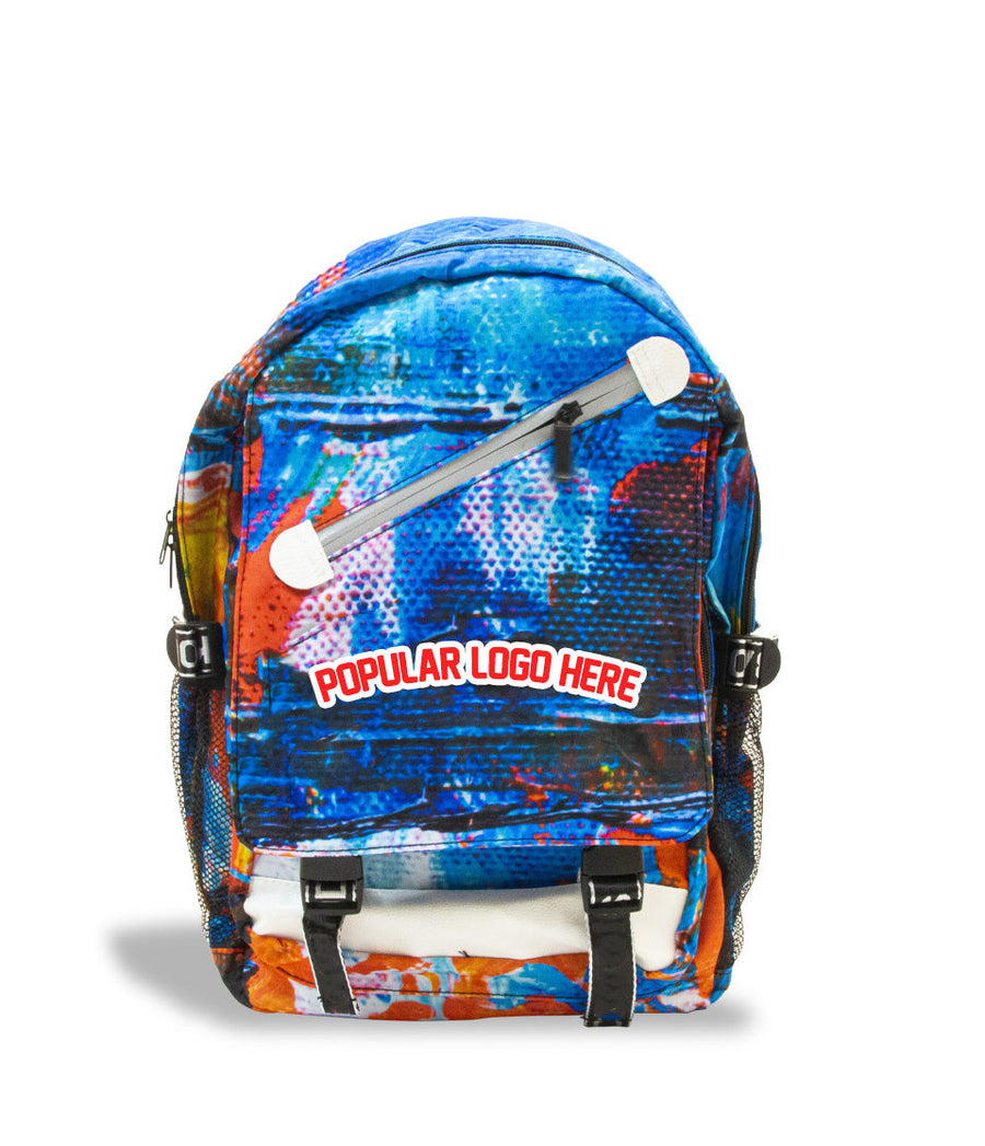 Custom Artwork BW Backpack front view textured on white studio background