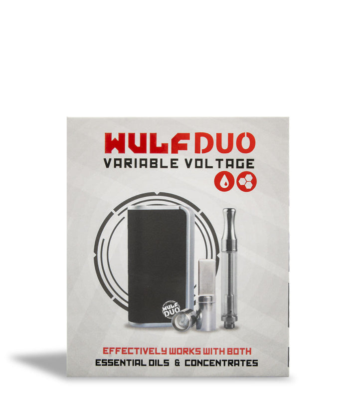 Gunmetal box front view Wulf Mods Duo 2 in 1 Cartridge Vaporizer on white studio background