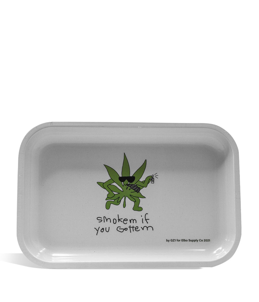 Elbo Glass Smoke em' Leaf Metal Rolling Tray large on white background