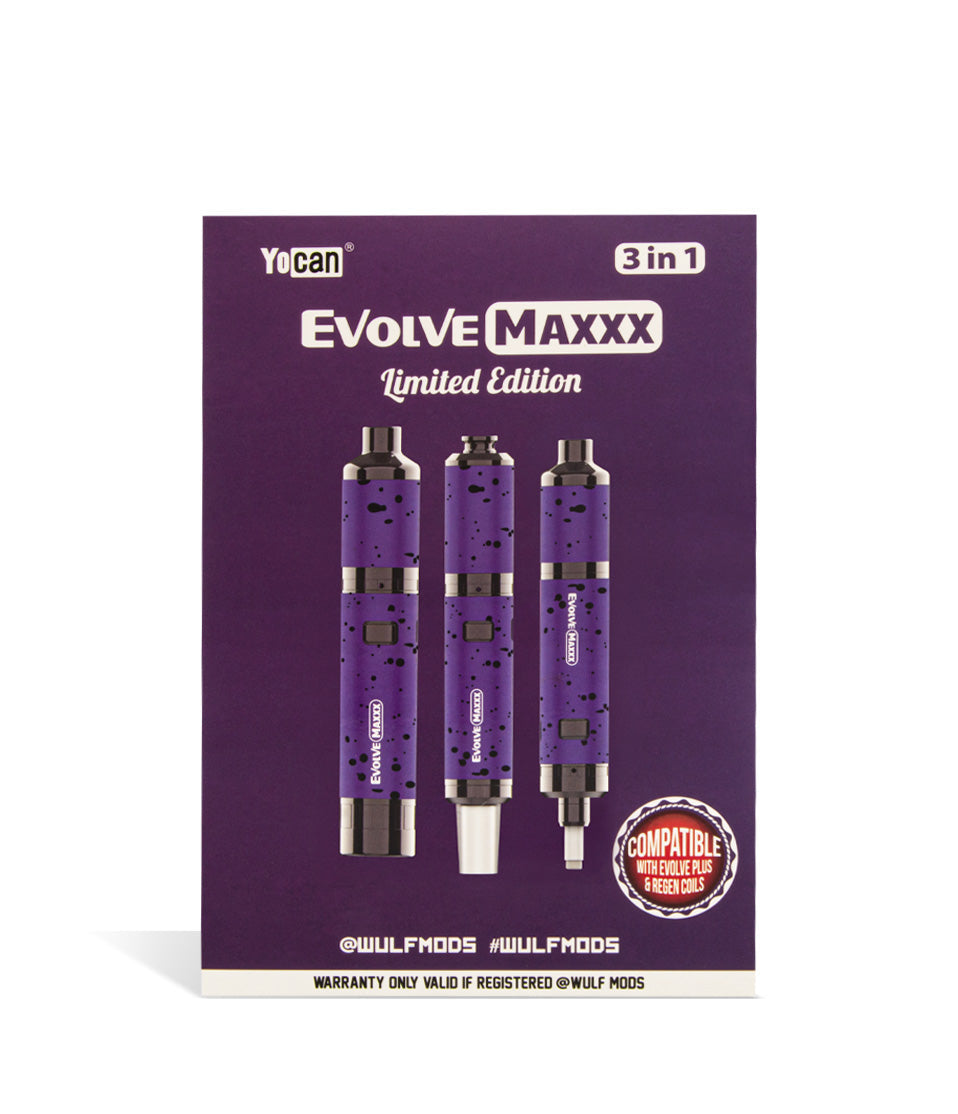 Purple Black Spatter Packaging Wulf Mods Evolve Maxxx 3 in 1 Kit on white background