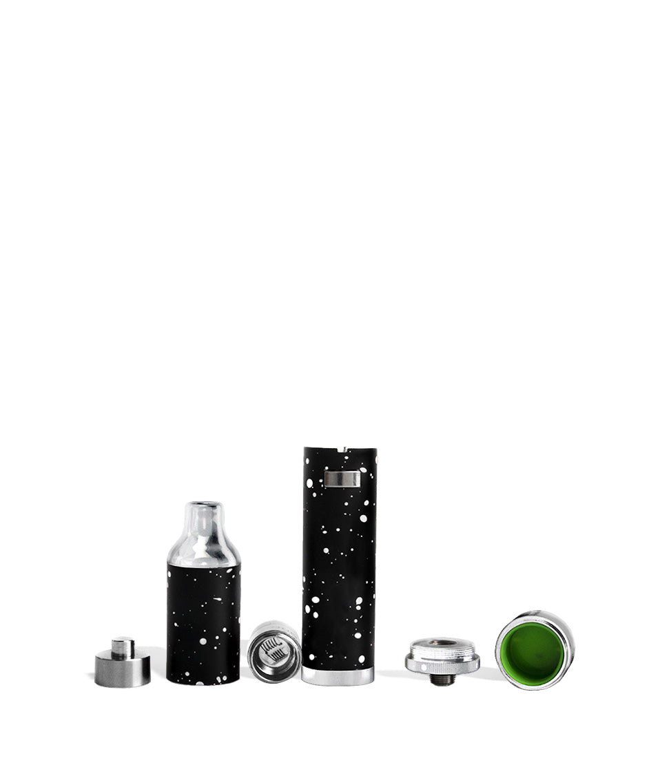Black white Spatter apart Wulf Mods Evolve Plus Concentrate Vaporizer on white studio background