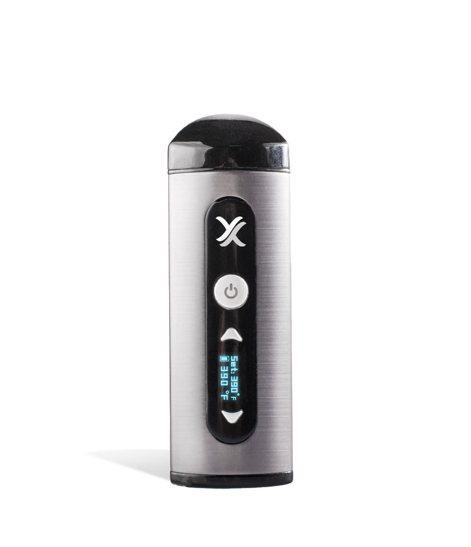 Silver front view Exxus Vape Mini Vaporizer on white studio background