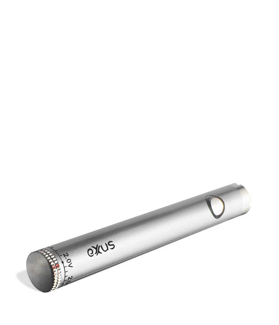 Silver laying down Exxus Vape Twistr Cartridge Vaporizer on white studio background