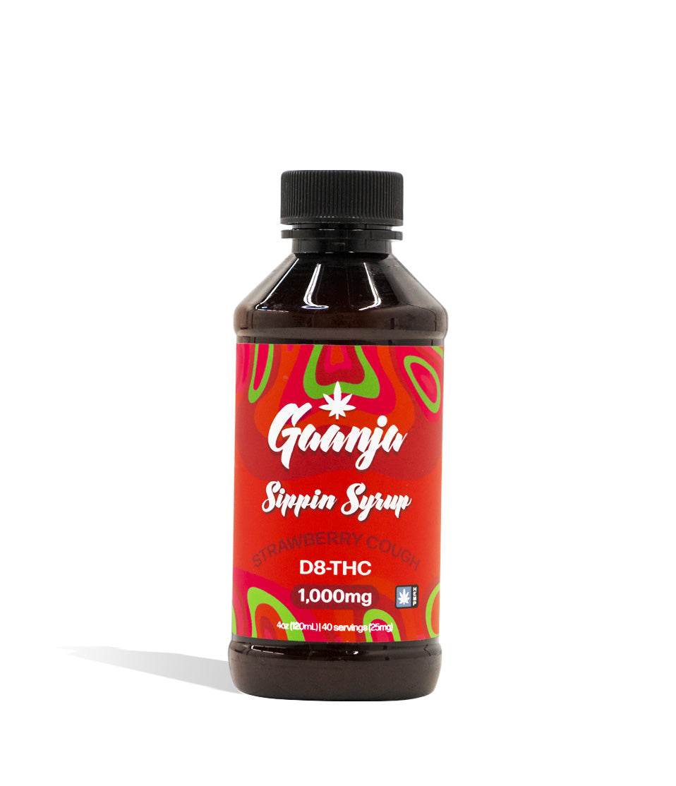 Strawberry Cough CBD Pharm 1000mg Gannja D8 Sippin Syrup on white background