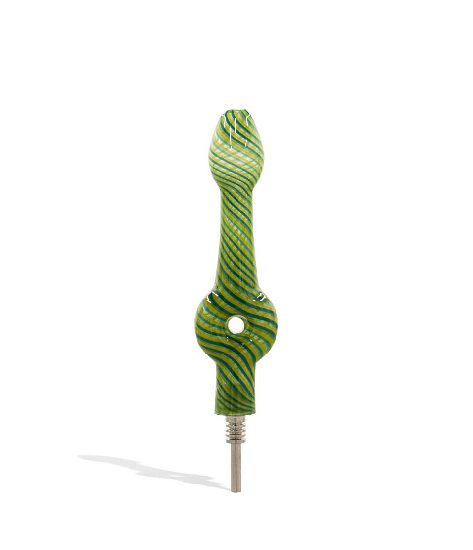Green Glass Honey Straw with Stainless Steel Tip on white background