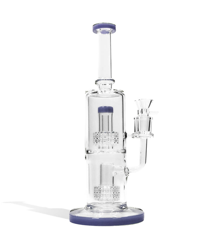 Blue front view 10 Inch Water Pipe with Double Showerhead Perc and 14mm Funnel Bowl on white studio background