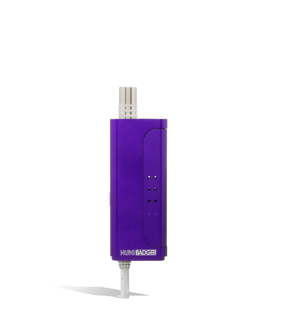 Purple opened Huni Badger Portable Electronic Vertical Vaporizer on white studio background