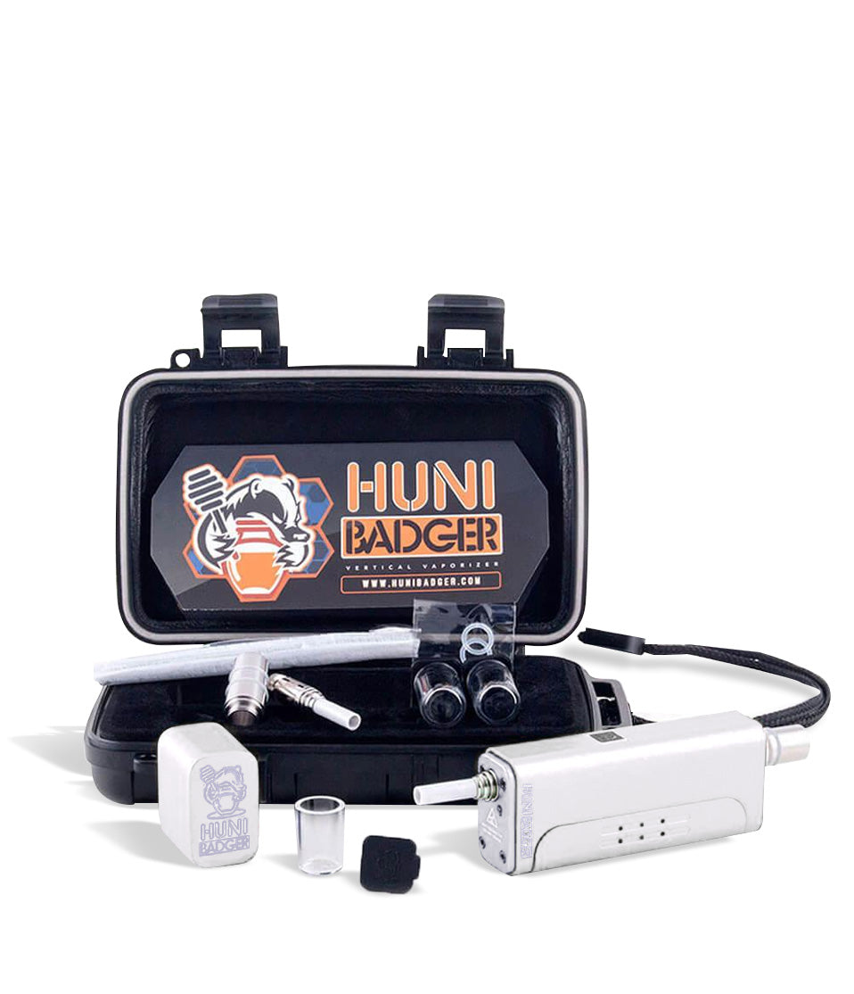 White kit Huni Badger Portable Electronic Vertical Vaporizer on white studio background