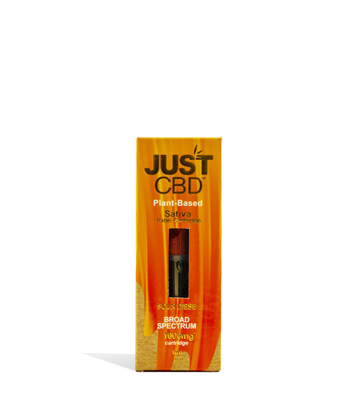 Sour Diesel Sativa Just CBD Broad Spectrum 1g CBD Cartridge on white studio background