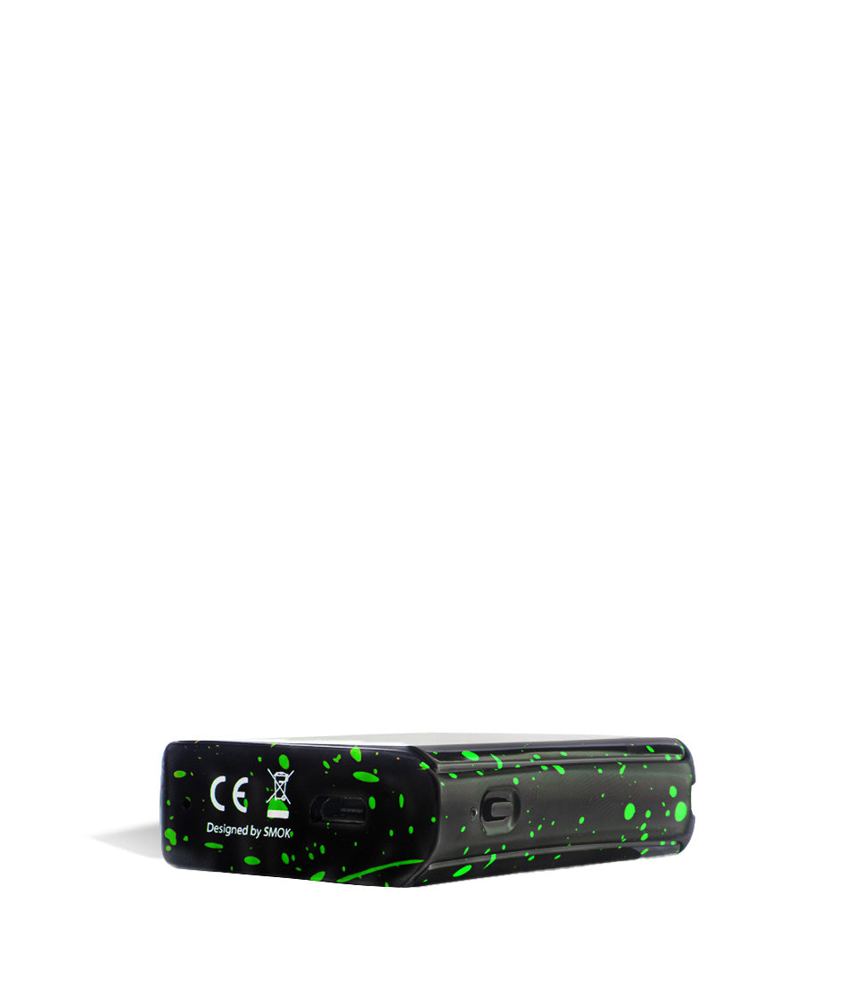 Black Green Spatter bottom view Exxus Vape MiCare Cartridge Vaporizer on white studio background