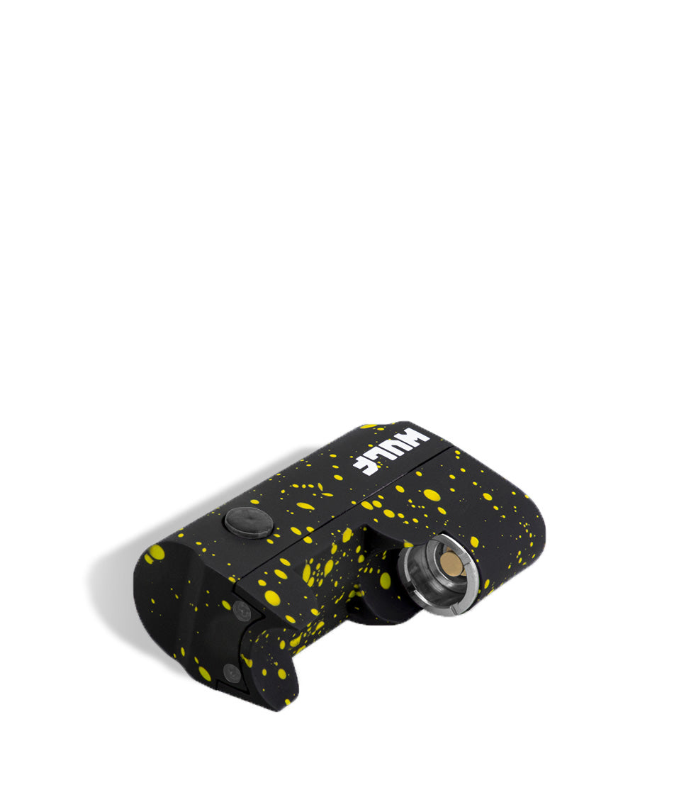 Black Yellow Spatter down Wulf Mods Micro Plus Cartridge Vaporizer on white background