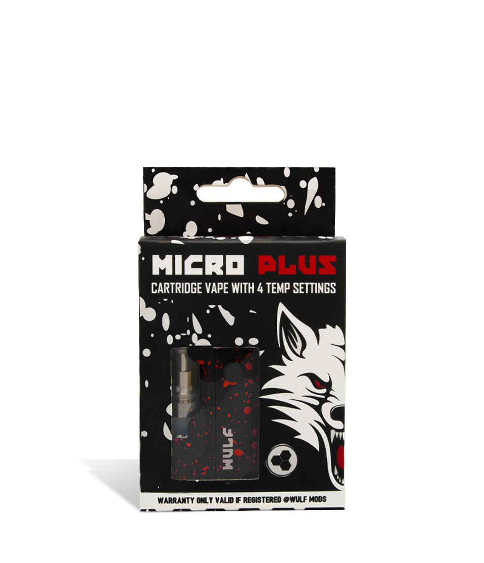 Black Red Spatter packaging Wulf Mods Micro Plus Cartridge Vaporizer on white background