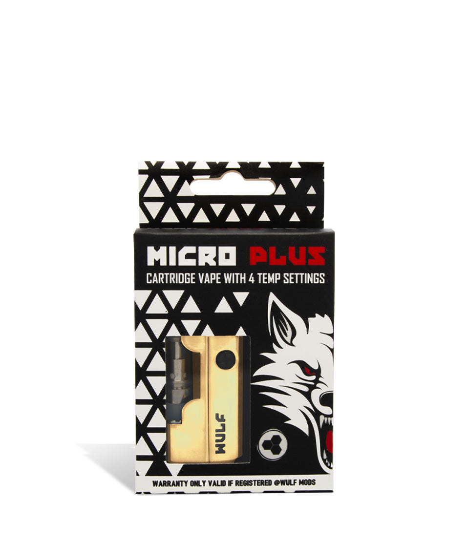 Gold packaging Wulf Mods Micro Plus Cartridge Vaporizer on white background