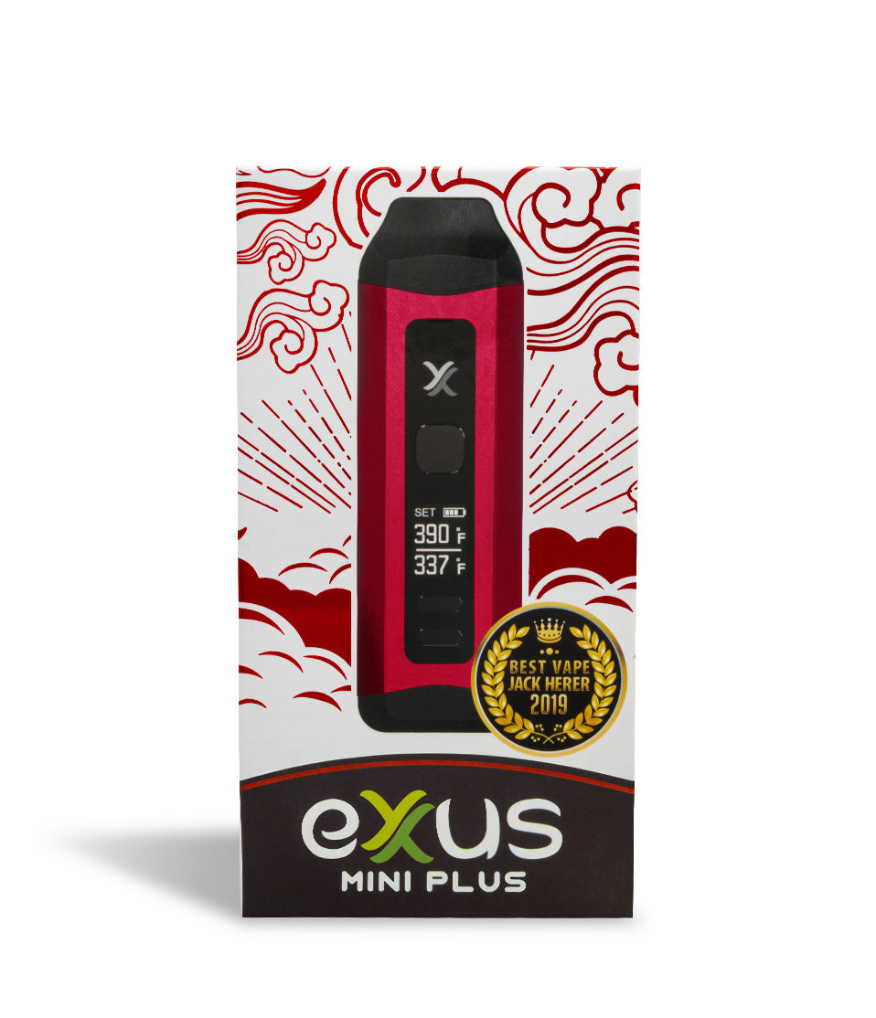 Red Box front view Exxus Vape Mini Plus Vaporizer on white studio background