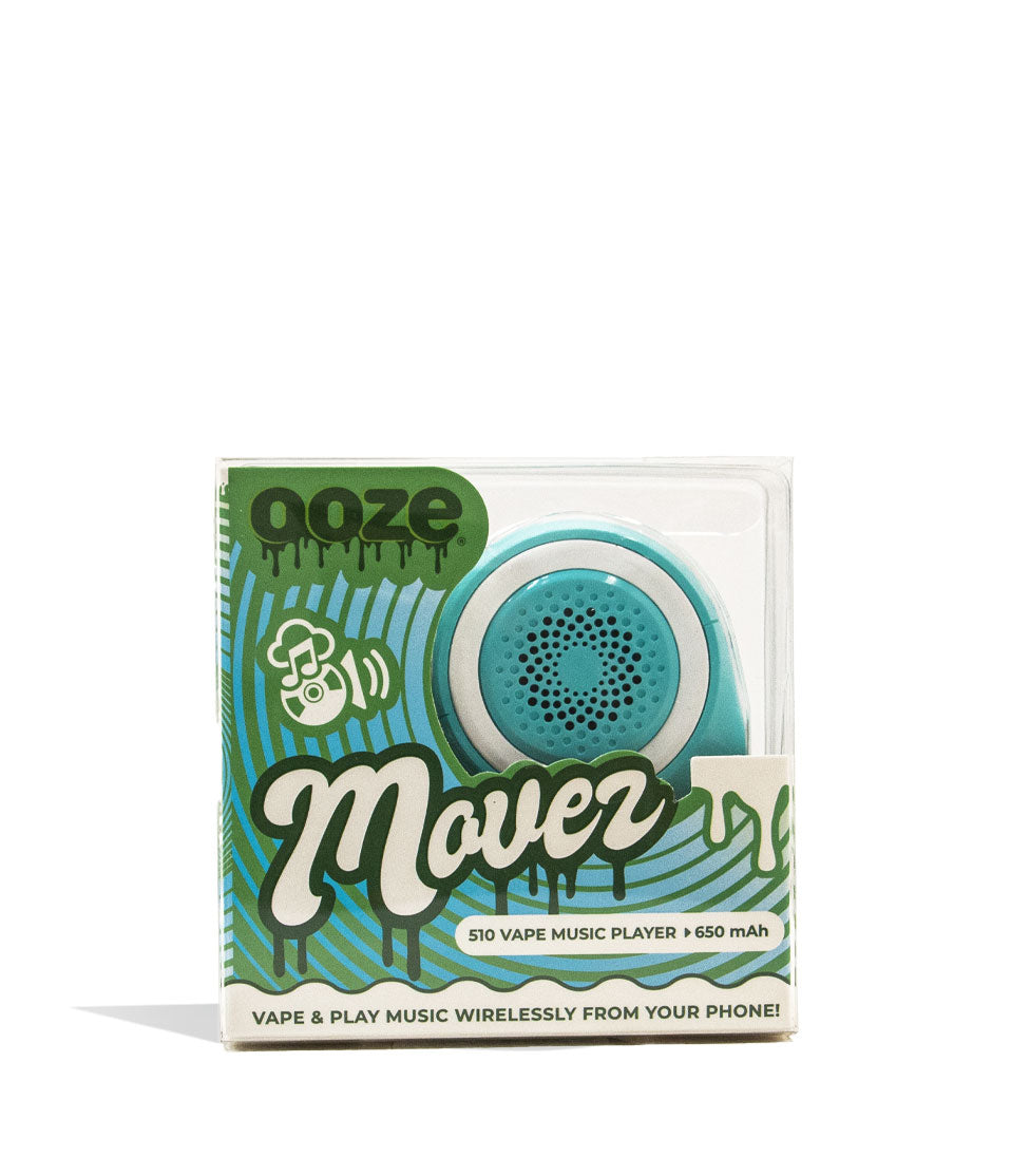 Aqua Teal Ooze Moves Cartridge Vaporizer and Wireless Speaker Packaging View on White Background