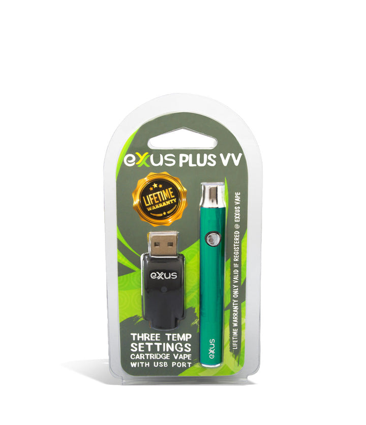Cosmic Green packaging Exxus Vape Plus VV Cartridge Vaporizer on white background