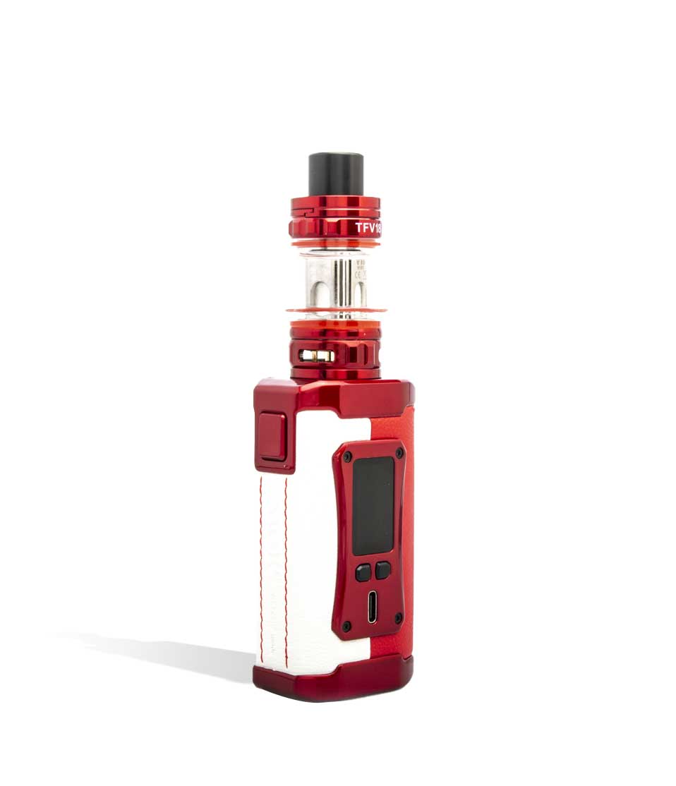 Red and white SMOK Morph 2 230w Dual External 18650 Battery Kit on white studio background