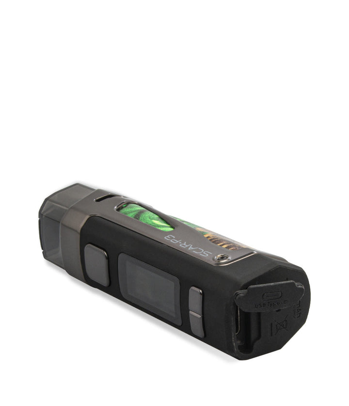 Green Stabilizing Wood bottom view SMOK Scar P3 80w Pod Kit with Internal Battery on white studio background
