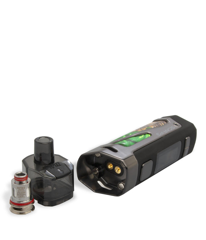 Green Stabilizing wood open  view SMOK Scar P3 80w Pod Kit with Internal Battery on white studio background