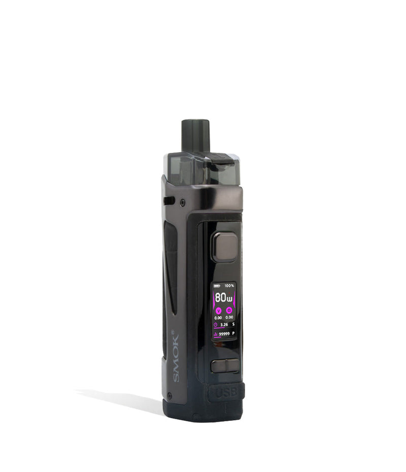 Black Side view SMOK Scar P5 80w Pod Kit with External 18650 Battery on white studio background