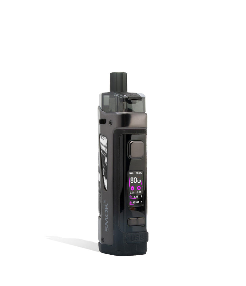 Fluid Black White Side view SMOK Scar P5 80w Pod Kit with External 18650 Battery on white studio background