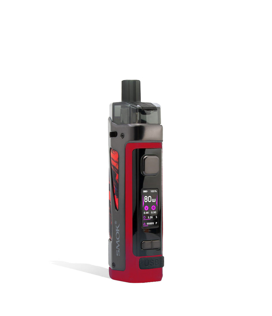 Fluid Red Side view SMOK Scar P5 80w Pod Kit with External 18650 Battery on white studio background