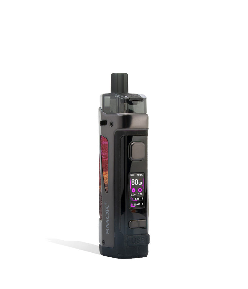 Red Stabilizing Wood Side view SMOK Scar P5 80w Pod Kit with External 18650 Battery on white studio background