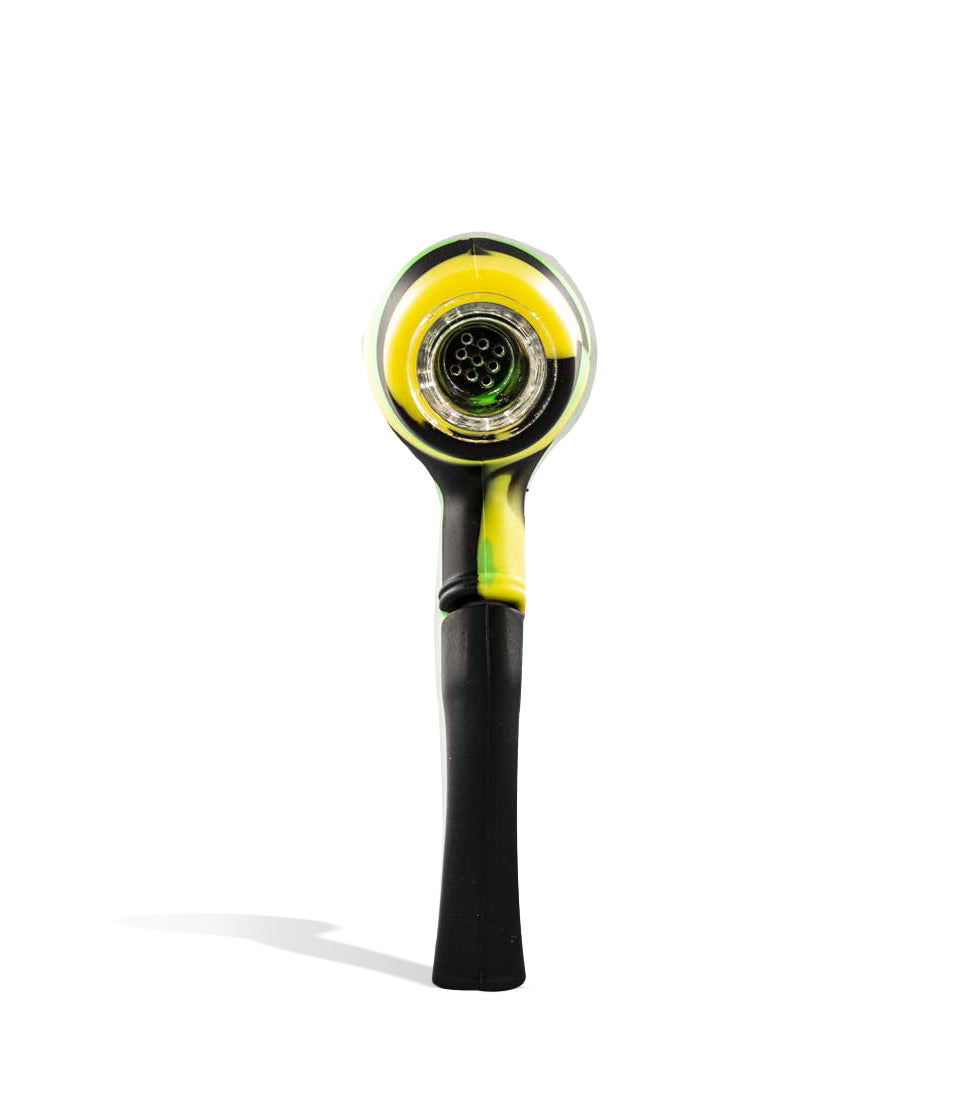 Green/Black/Yellow Silicone Gandalf Handpipe with Glass Screen Bowl on white background