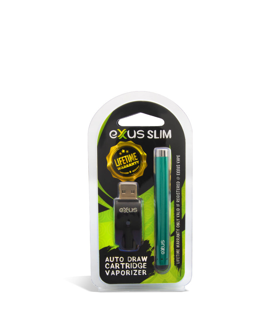 Cosmic Green packaging Exxus Vape Slim Auto Draw Cartridge Vaporizer on white studio background