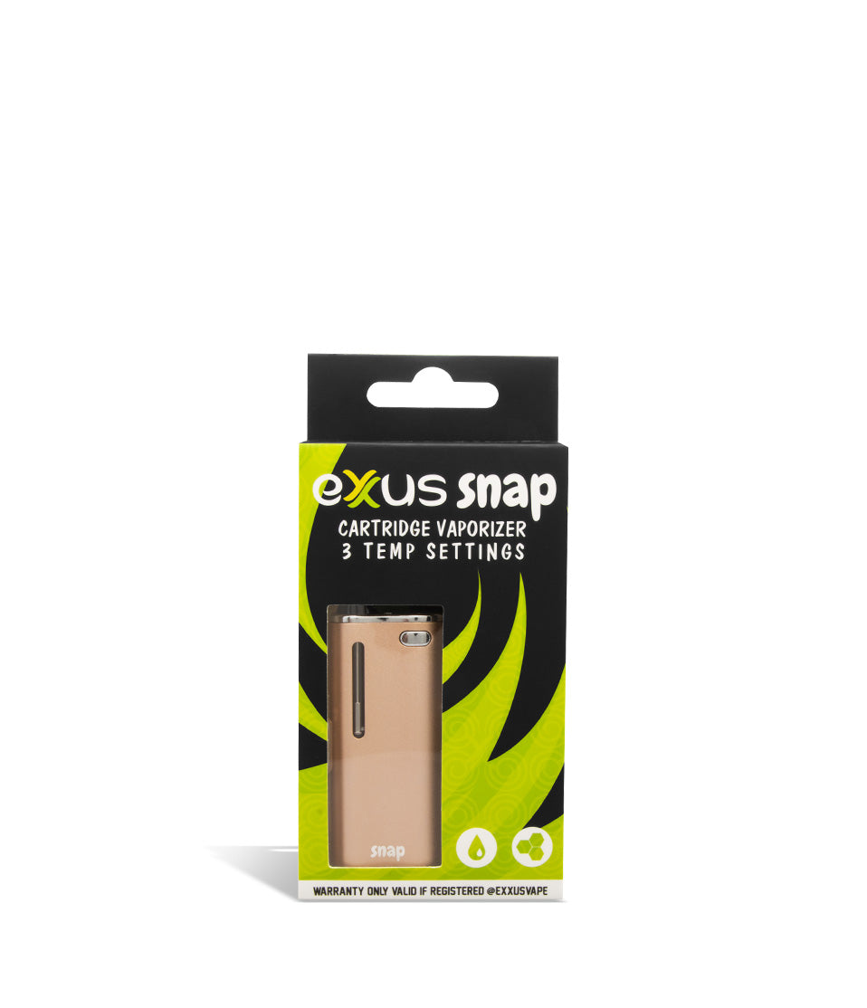 Gold packaging Exxus Vape Snap Cartridge Vaporizer on white background