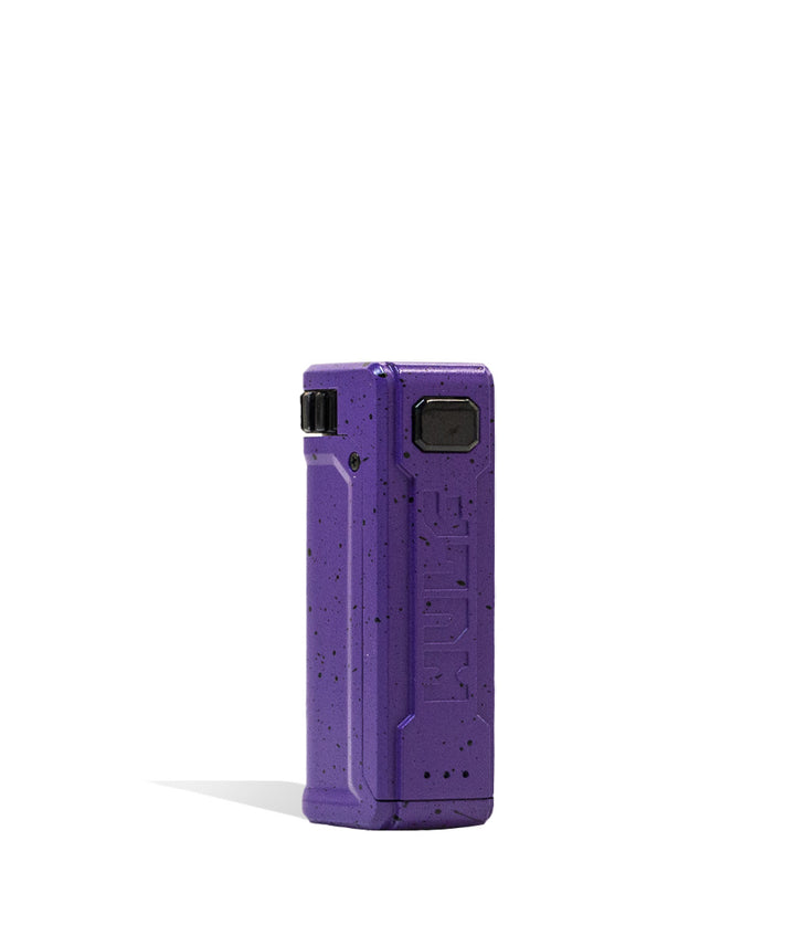 Purple Black Spatter Front View Wulf Mods UNI S Adjustable Cartridge Vaporizer on white background