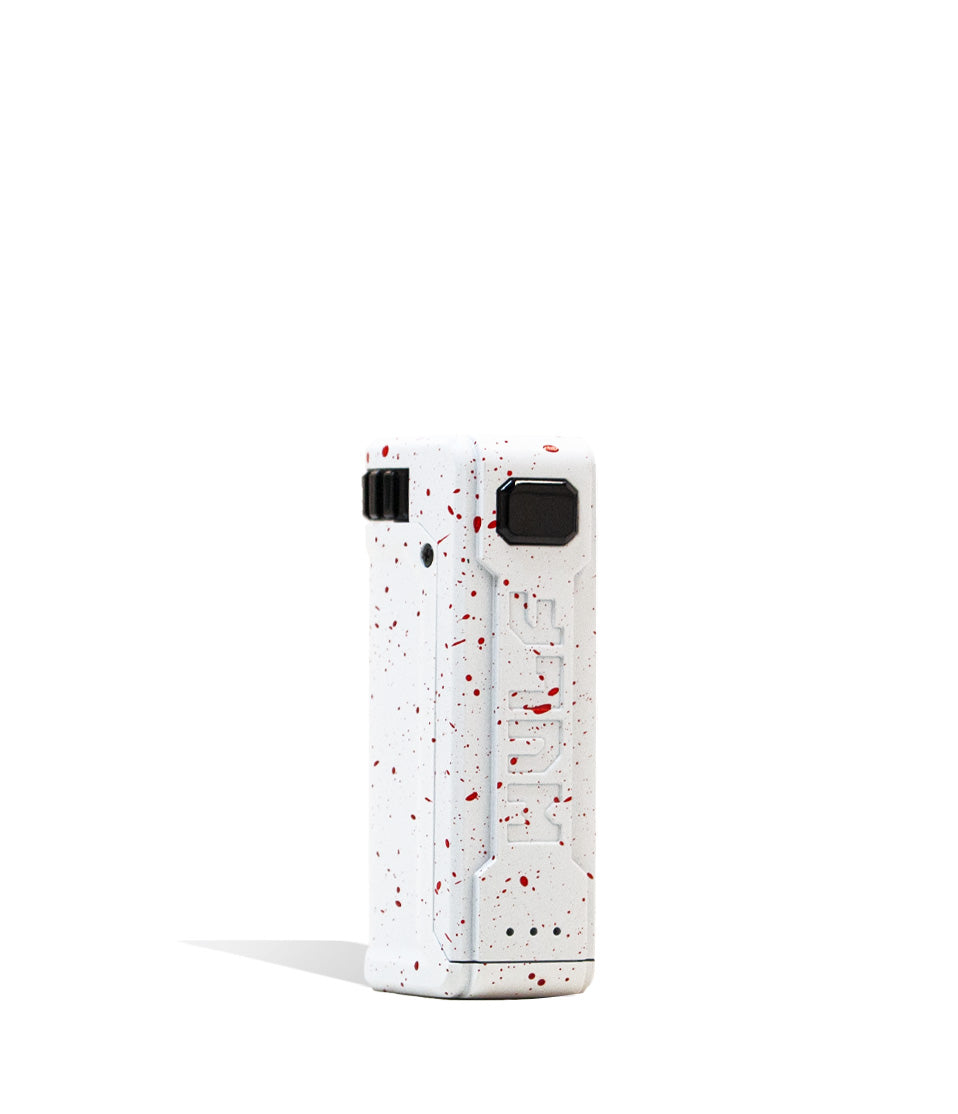 White Red Spatter Front View Wulf Mods UNI S Adjustable Cartridge Vaporizer on white background