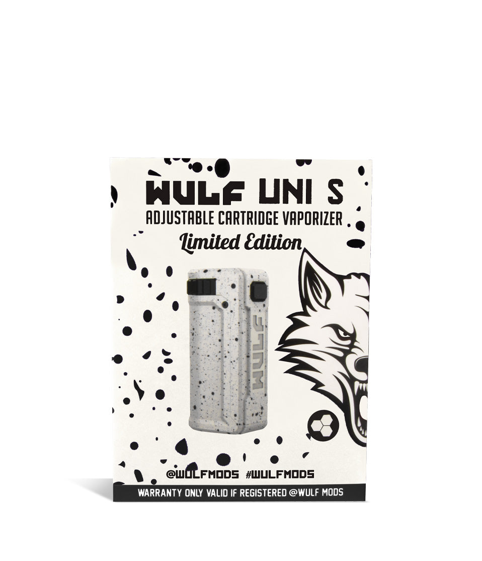 White Black Spatter Box Wulf Mods UNI S Adjustable Cartridge Vaporizer on white studio background