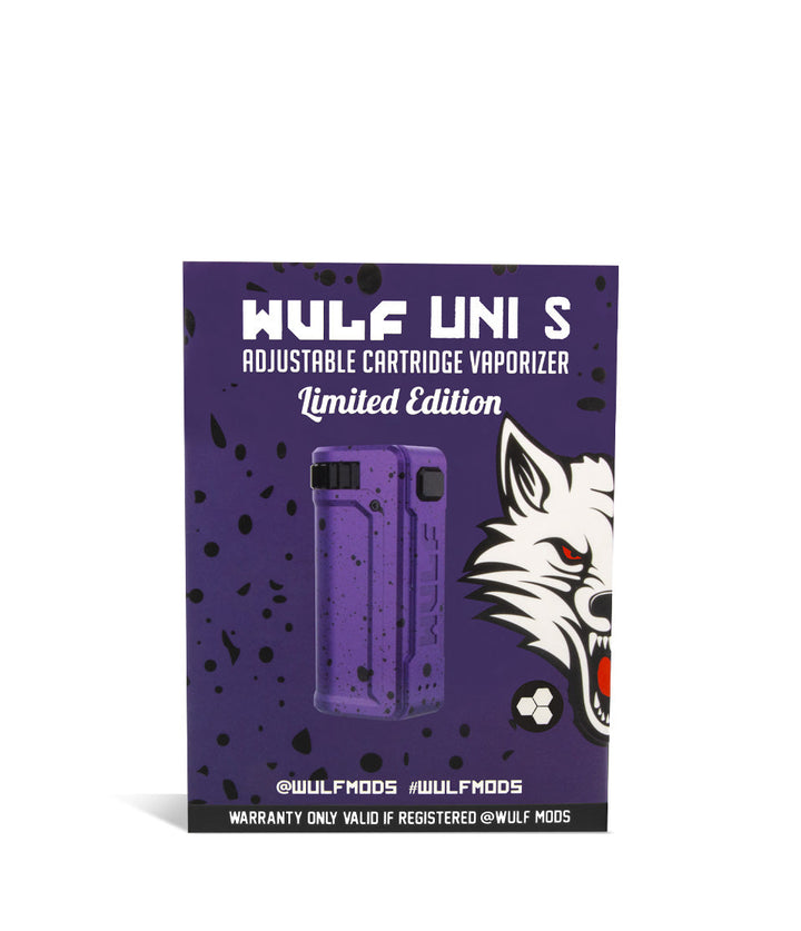 Purple Black Spatter Box Wulf Mods UNI S Adjustable Cartridge Vaporizer on white studio background