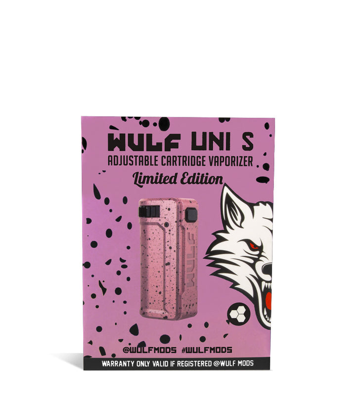 Pink Black Spatter Box Wulf Mods UNI S Adjustable Cartridge Vaporizer on white studio background