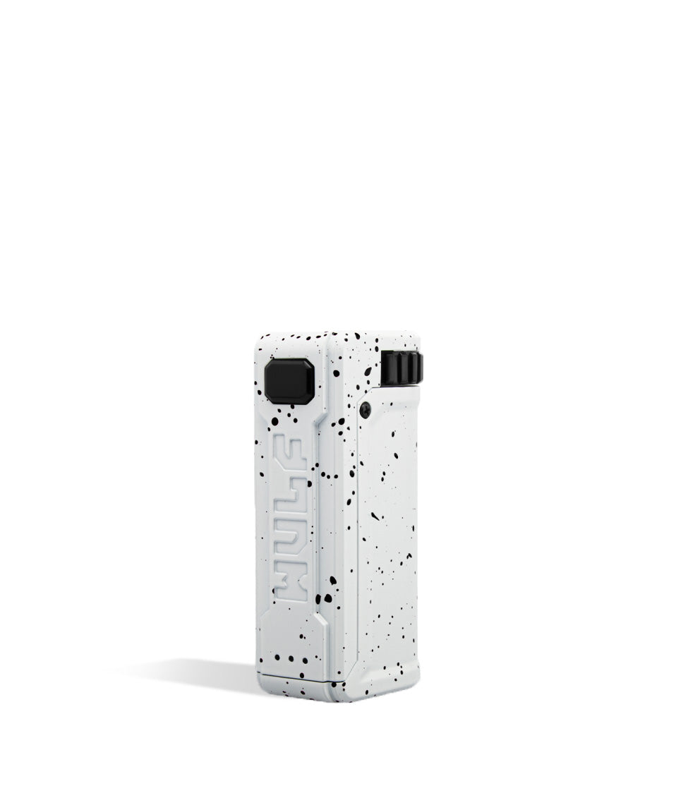 White Black Spatter side Wulf Mods UNI S Adjustable Cartridge Vaporizer on white background