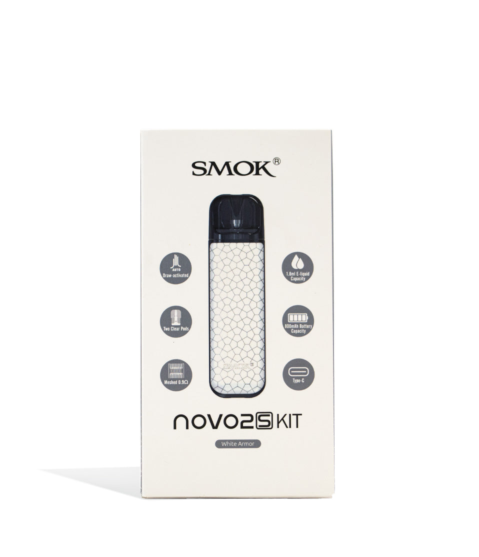 White Armor Box SMOK NOVO 2 S Ultra Portable Pod Vaporizer on white studio background