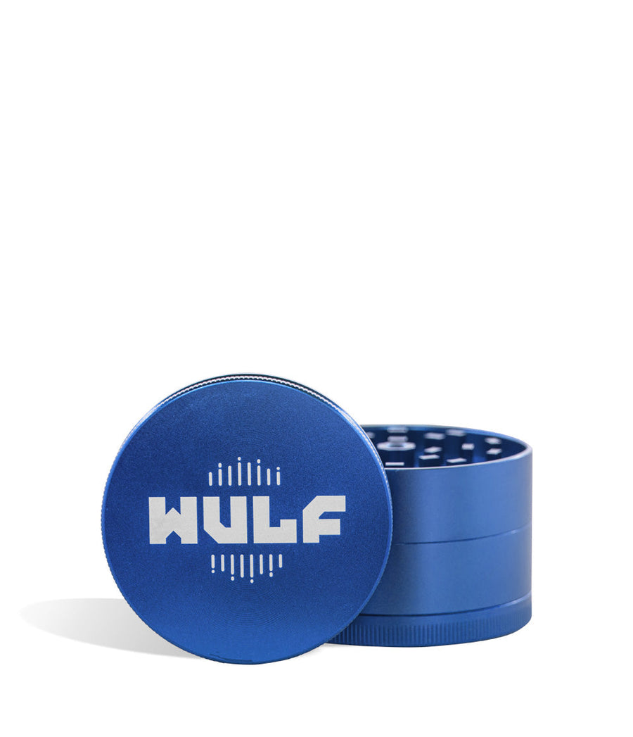 Blue lid front view Wulf Mods 65mm 4pc Grinder on white studio background